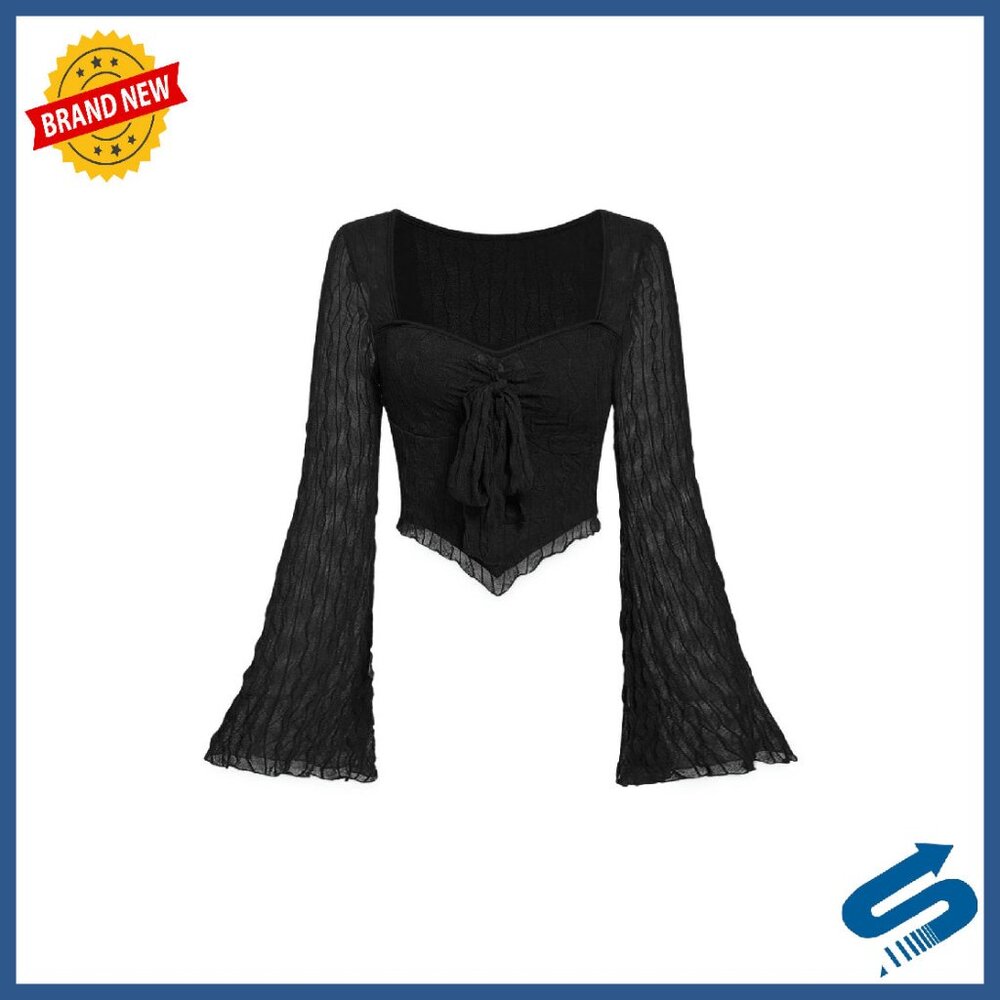 Women's Long Bell Sleeve Crop Top Mesh Sweetheart Neck Asymmetrical Tee